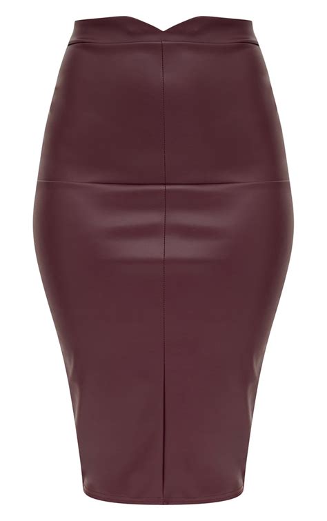 Maroon Faux Leather Panel Midi Skirt Prettylittlething Usa