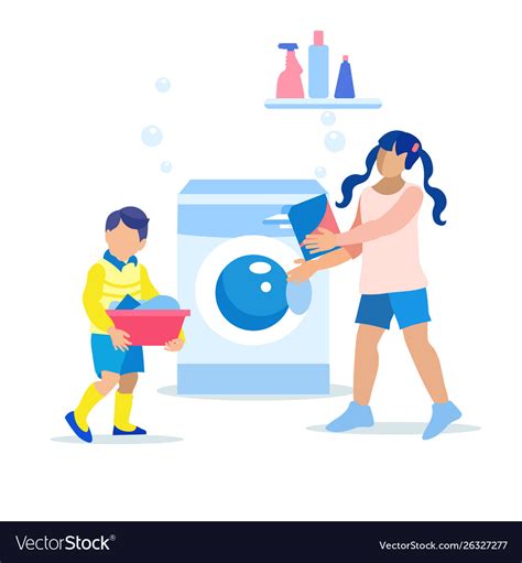 Children Load Laundry Into Washing Machine Cartoon