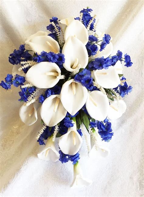 Bleu Roi Blanc Cascade Mariée Bouquet Calla Lys En Soie Mariage Fleurs