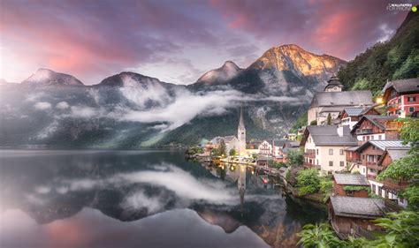 Salzburg Slate Alps Austria Houses Fog Hallstattersee Lake