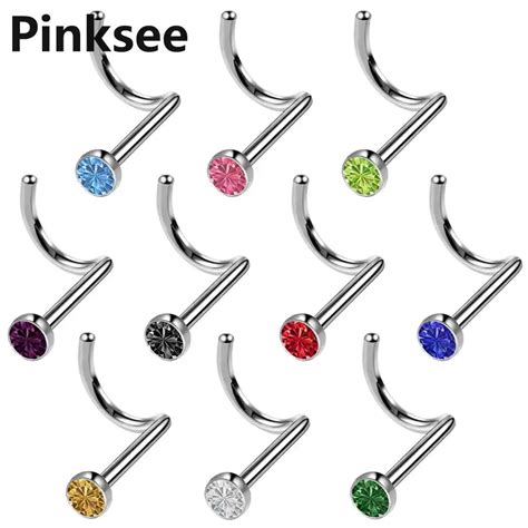 Pcs Stainless Steel Crystal Rhinestone Nose Ring Hooks Bar Pin Nose