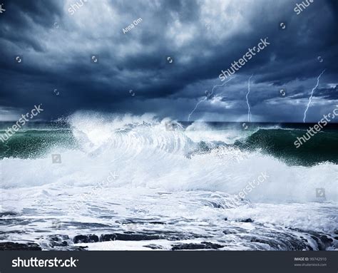 Thunderstorm And Lightning On The Beach Dark Night Scene