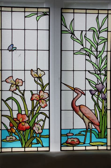 Ecole De Nancy Art Nouveau Stained Leaded Glass Window Panels Heron