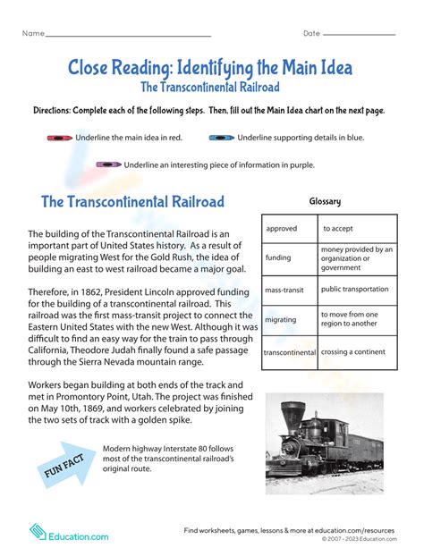 Find And Support The Main Idea The Transcontinental Railroad Worksheet