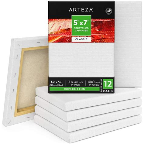 Arteza Stretched Canvas Classic White 5x7 Blank Canvas Boards For