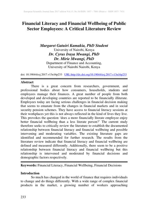Pdf Financial Literacy And Financial Wellbeing Of Public Sector