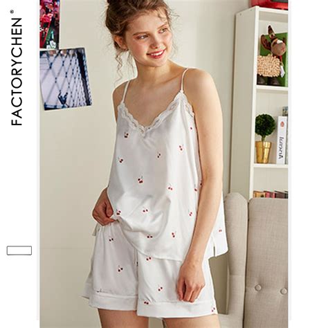 New Summer Cute Little Sweet Cherry Girl Pajamas Emulation Silk Condole Belt Shorts Pajama