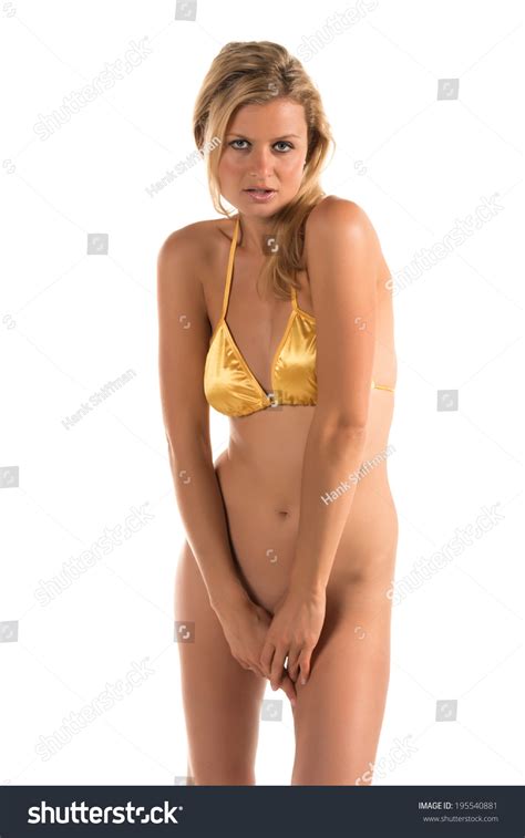 Beautiful Tall Blonde Woman Yellow Bikini Stock Photo