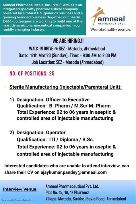 Amneal Pharmaceutical Pvt Ltd Walk In Interview For Manufacturing