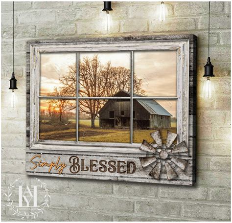 Hayooo Faux Window Canvas Peaceful Barn Scenery Simply Blessed Wall Art
