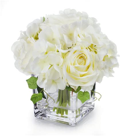 enova home artificial silk hydrangea and rose fake flowers arrangement in cube glass vase with