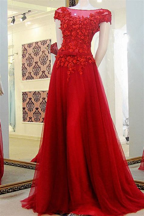 Cap Sleeve Red Prom Dressappliques Off The Shoulder Tulle Prom Gowns