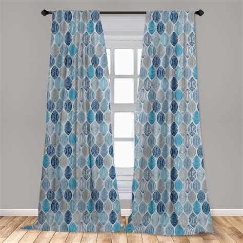 Grey Blue Curtains 2 Panels Set Round Shapes With Swirls Scale And