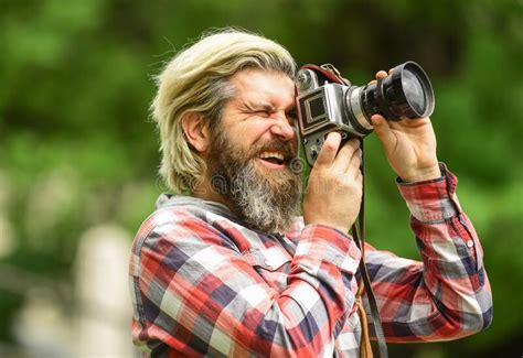 Man Bearded Hipster Photographer Hold Vintage Camera Man With Beard