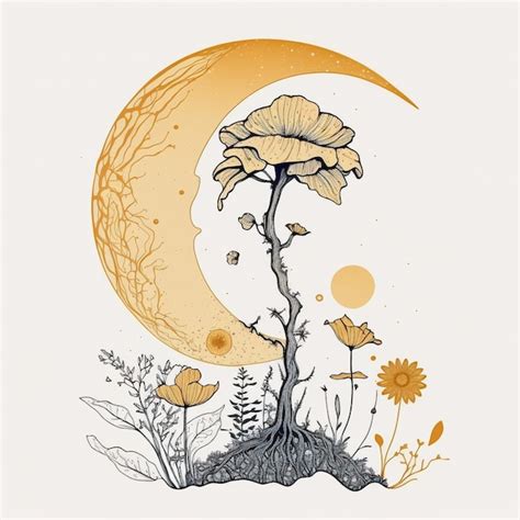 Premium Photo A Drawing Of A Moon And Flowers With The Moon In The