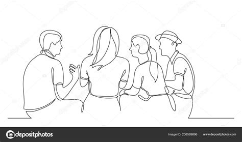 Young Friends Sitting Talking Together One Line Drawing — Stock Vector