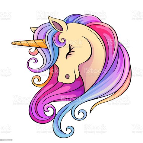 Cute Cartoon Unicorn Head With Rainbow Mane Stock Illustration