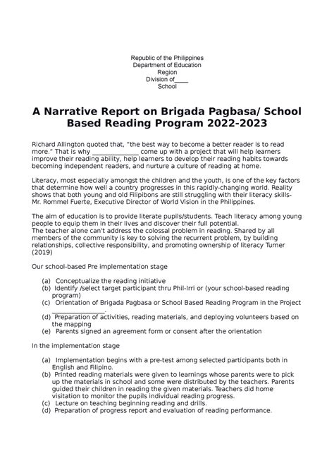 Narrative On Brigada Eskwela Report 2022 2023 Republic Of The Philippines Department Of