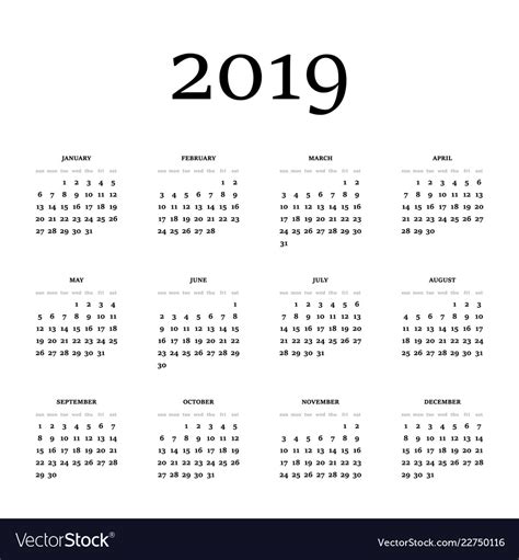 Calendar Year 2019 Week Starts From Royalty Free Vector