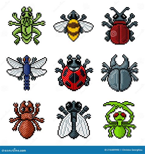 Bug Insect Pixel Art Video Game Beetle 8 Bit Icons Stock Vector