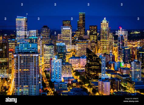 View Of The Downtown Seattle Skyline At Night In Seattle Washington