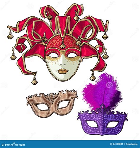 Set Of Three Decorated Venetian Carnival Masks With Feathers And Bells Stock Vector