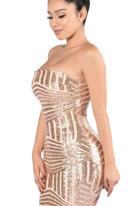 Rose Gold Sequined Strapless Bodycon Nightclub Dresses Chiclike Com