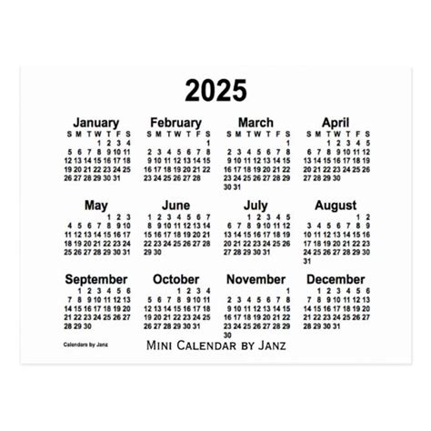 2025 White Mini Calendar By Janz Postcard Uk