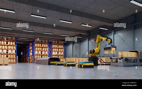 Factory Automation With Agv And Robotic Arm In Transportation To