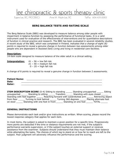 Berg Balance Test Lee Chiropractic And Sports Therapy Clinic