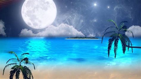 Blue Ocean Moon Blue Clouds Island Moon Night Ocean Palm Trees