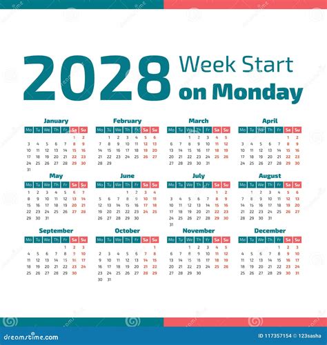 Simple 2028 Year Calendar Stock Vector Illustration Of Template