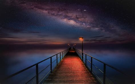 Ocean Pier Under Milky Way Sky Hd 4k Wallpaper
