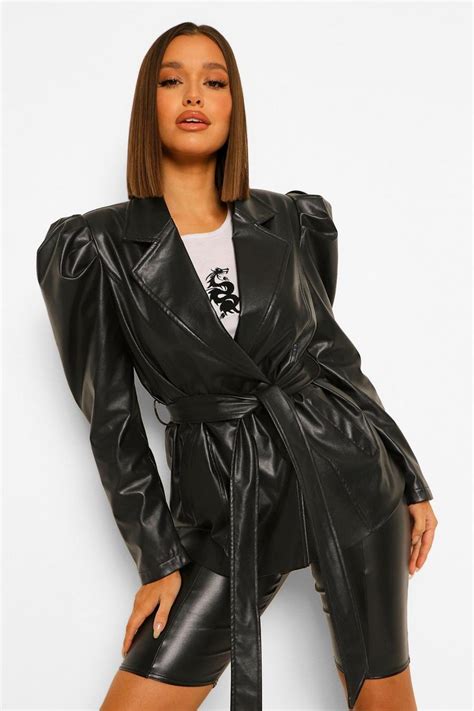 Faux Leather Puff Shoulder Belted Jacket Boohoo