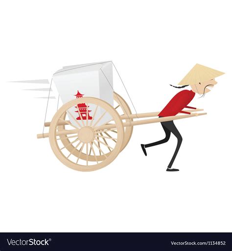 Funny Chinese Food Delivery Boy With Wooden Wagon Vector Image