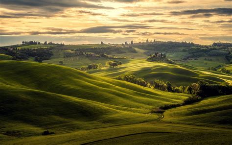 Nature Landscape Tuscany Italy Sunset Trees Hill Clouds Field