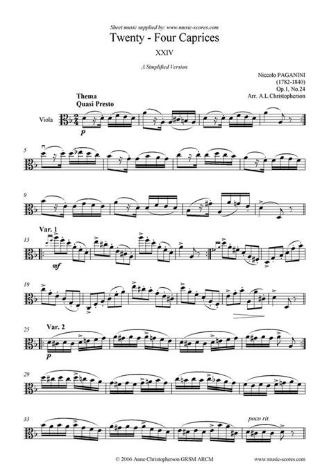 Op1 Caprice No 24 Viola Sheet Music By Niccolo Paganini Viola