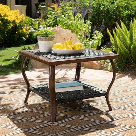 Santos Outdoor Wicker Coffee Table With Wood Finished Metal Legs Grey