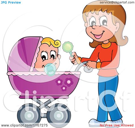 Cartoon Of A Happy Mother Waving A Rattle And Pushing A Baby In A