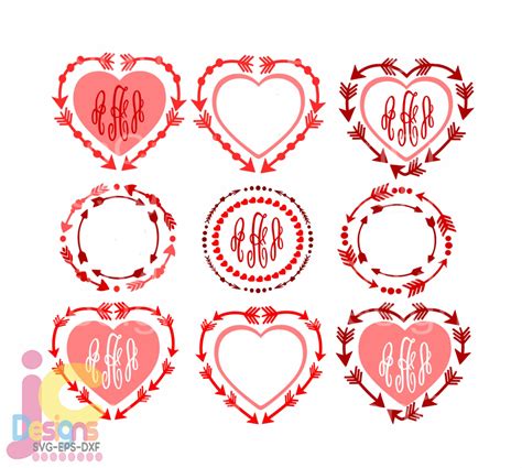 Valentine Svg Heart Arrow Monogram Frame Svg Bundle Svg Eps Png Dxf