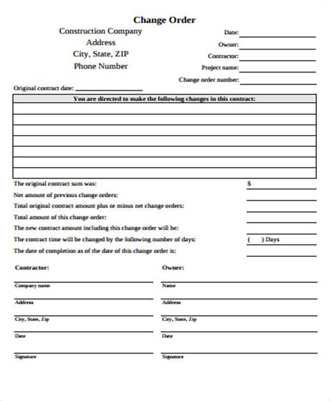 sample construction change order forms  ms word