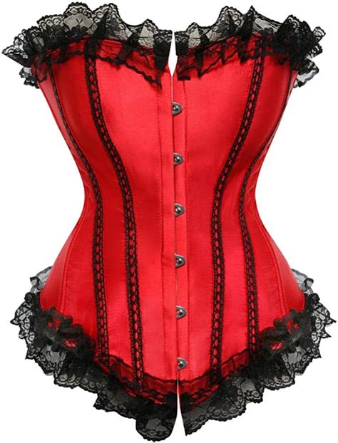 sexy satin lace up boned overbust corset and bustier with lace trim showgirl stripe lingerie red