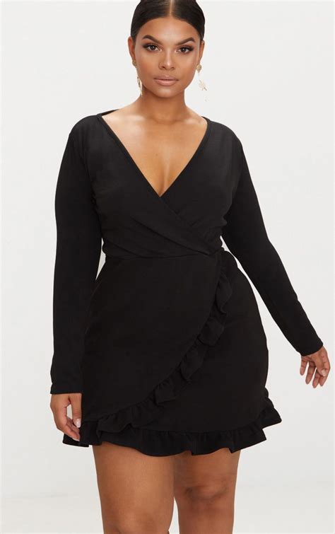 Plus Black Long Sleeve Ruffle Wrap Dress Wrap Dress Curvy Plus Size