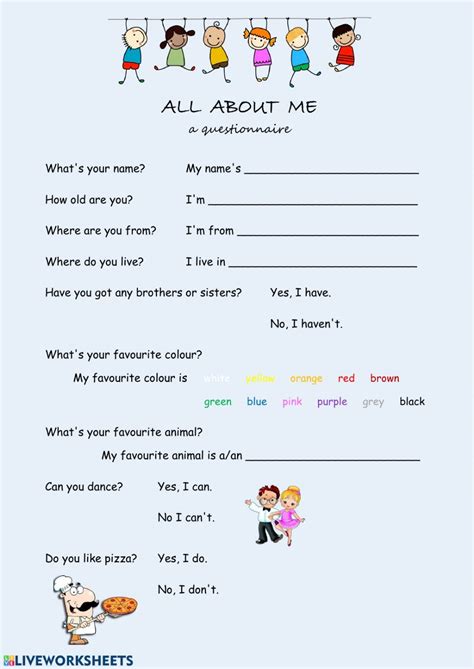 All About Me Questionnaire Ficha Interactiva Hojas De Inglés Para