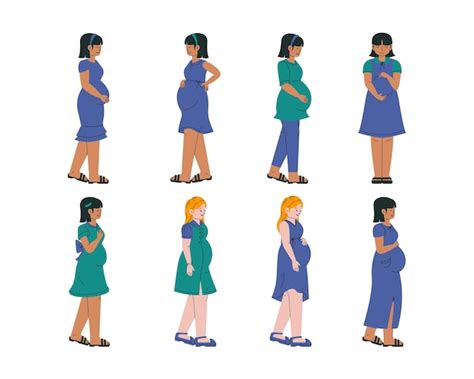 妊娠中の女性は、フラット スタイルの妊娠中の女性のベクトル図を設定します プレミアムベクター