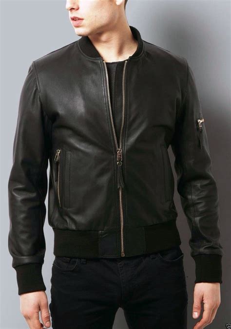 Mens Black Lambskin Leather Slim Fit Bomber Leather Jacket At Rs 6400
