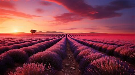 Premium Ai Image Sunset Over Lavender Field