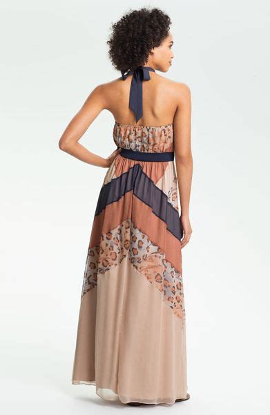 Jessica Simpson Print Chiffon Halter Maxi Dress In Brown Peach Blossom