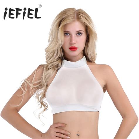 Iefiel Women Female Sexy Clubwear Backless Sheer Mesh Halter Neck Cami