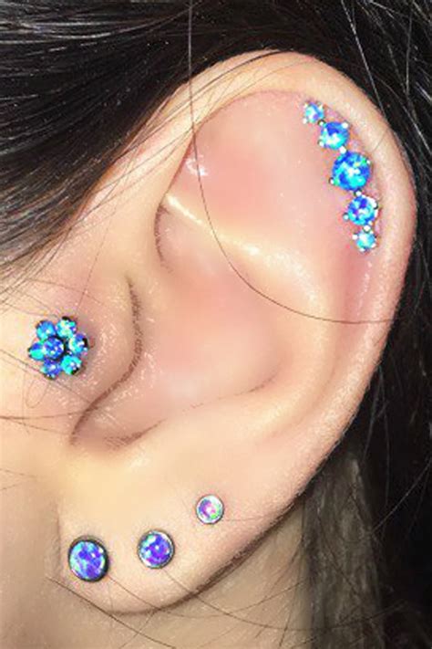 Multiple Blue Opal Unique Edgy 5 Opal Cartilage Helix Ear Piercing